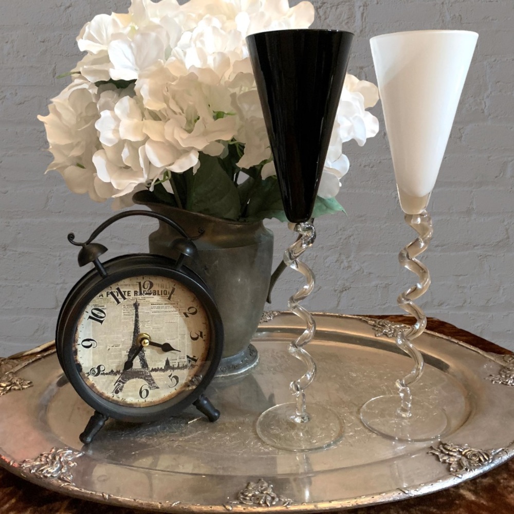 Extra tall black and white trumpet champagne flutes with spiral stems